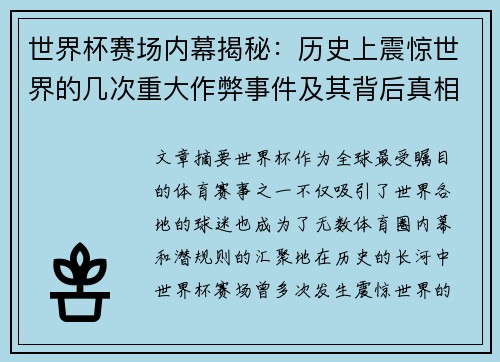 世界杯赛场内幕揭秘：历史上震惊世界的几次重大作弊事件及其背后真相